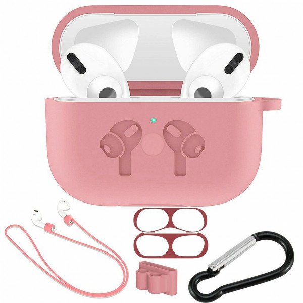 Wholesale 5 in 1 Accessories Kits Silicone Cover with Ear Hook Grips / Staps / Clip / Skin / Tips for [Airpods Pro] Charging Case (Pink)